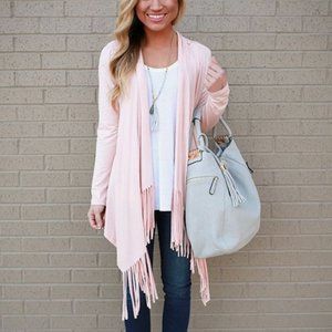 Shop Impressions Size Medium Peach Fringe Open Front Cardigan